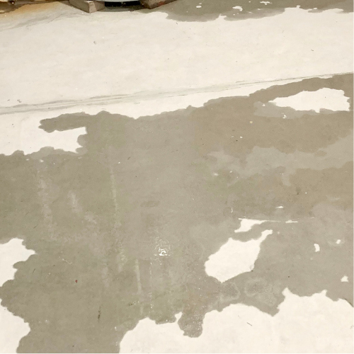 Wet concrete floor with patches of water or liquid spill.