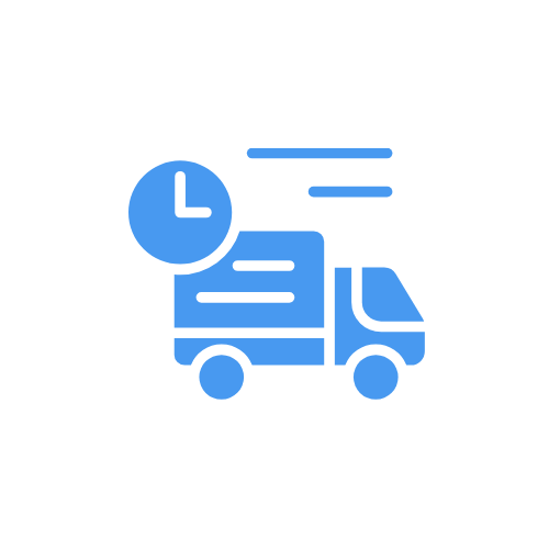 Blue delivery truck icon with a clock and motion lines indicating fast delivery.