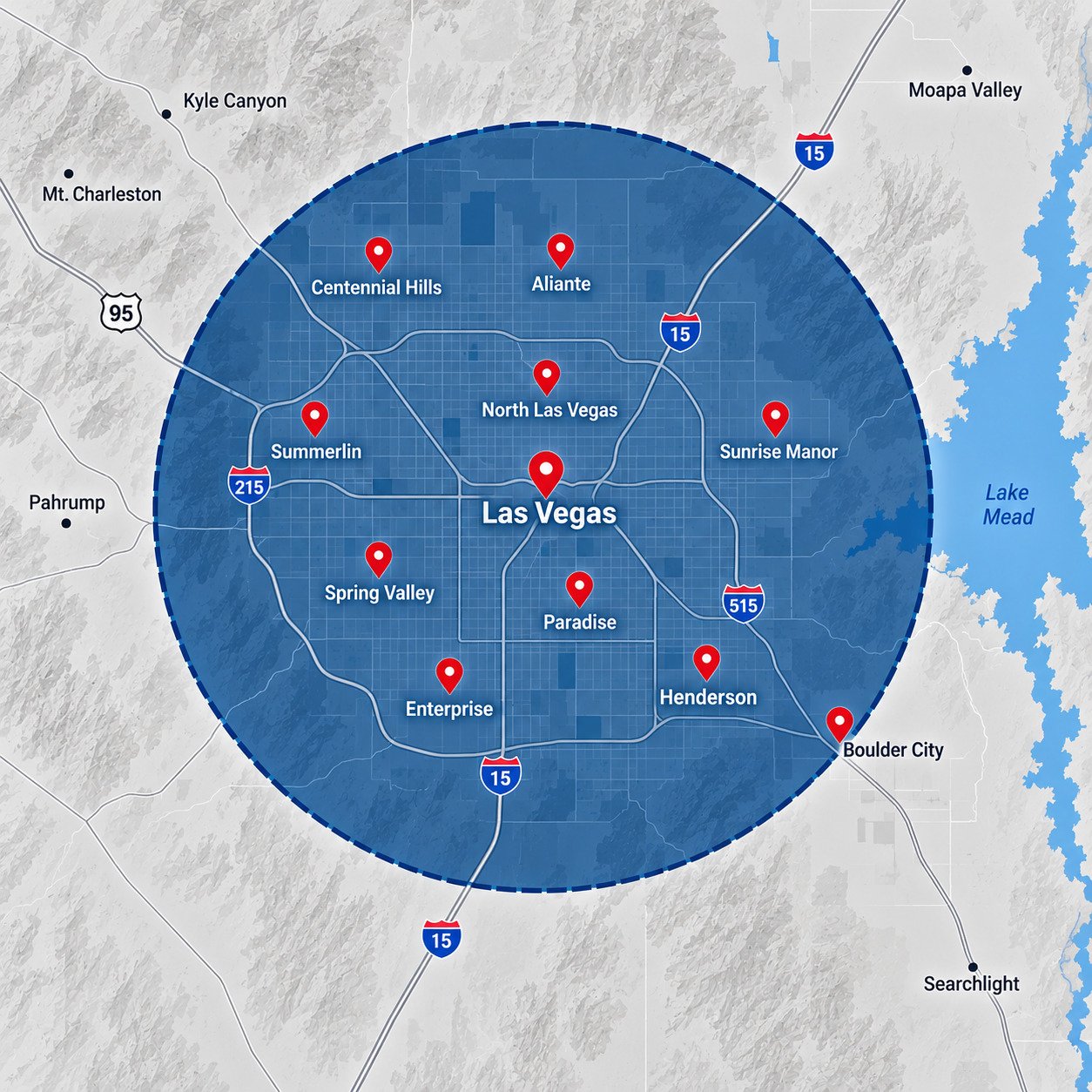 Map of Las Vegas and surrounding areas showing neighborhoods and landmarks within a circular radius, including North Las Vegas, Summerlin, Henderson, Boulder City, and Blue Diamond nearby, with roads and Lake Mead to the east.