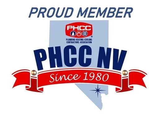Logo of PHCC NV, a plumbing, heating, cooling contractors association, with a red banner that reads since 1980, and text indicating proud member, all over a map of Nevada.
