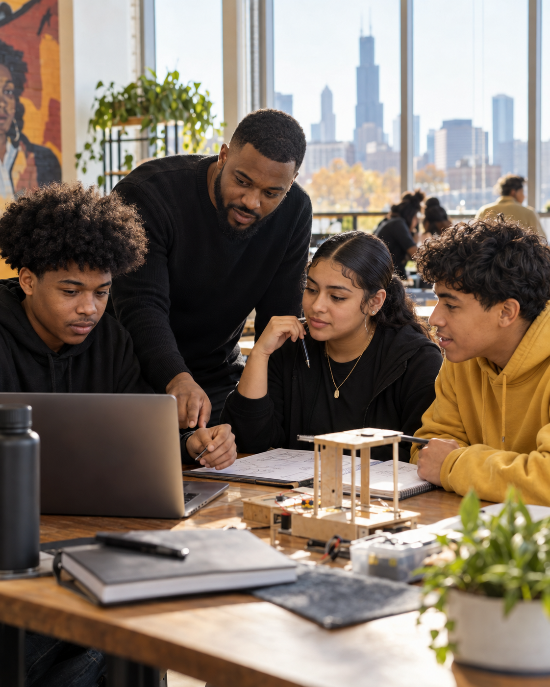 Students work together on a group project in a classroom.