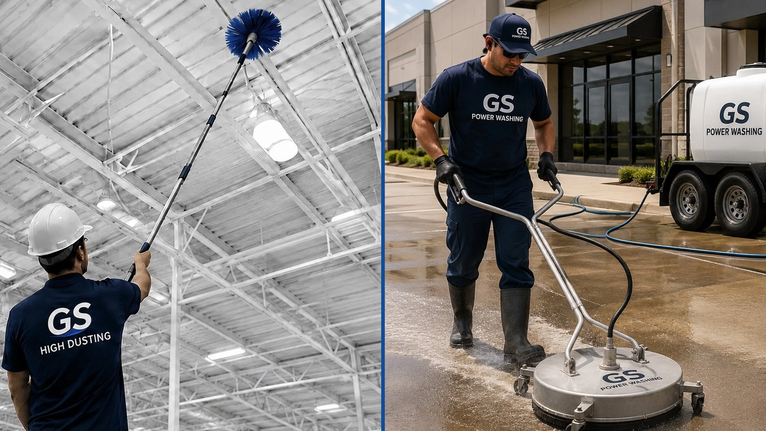 Graham Services commercial high-dusting and power-washing technicians at work.