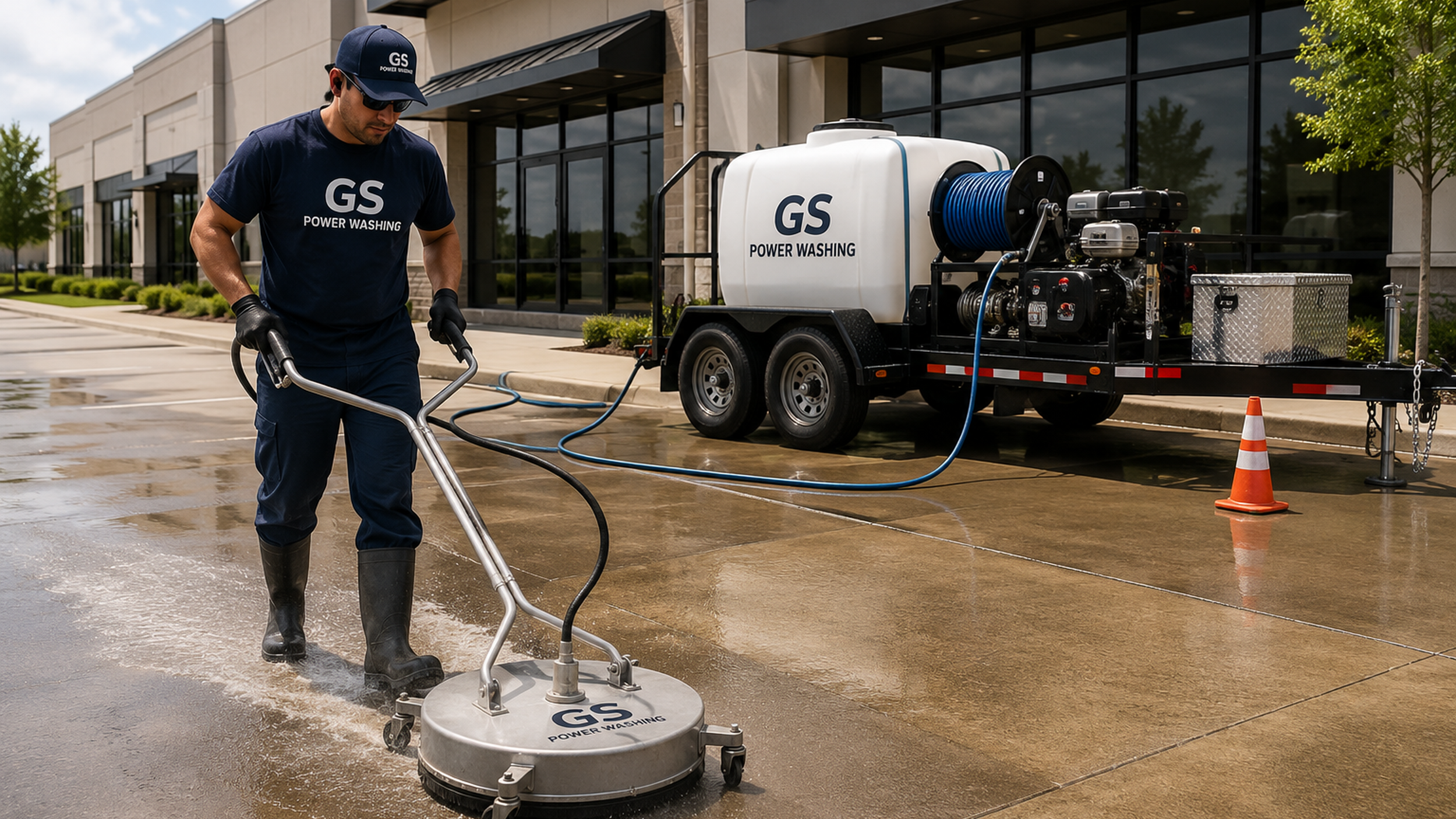 Graham Services technician power washing a commercial property with professional surface-cleaning equipment.