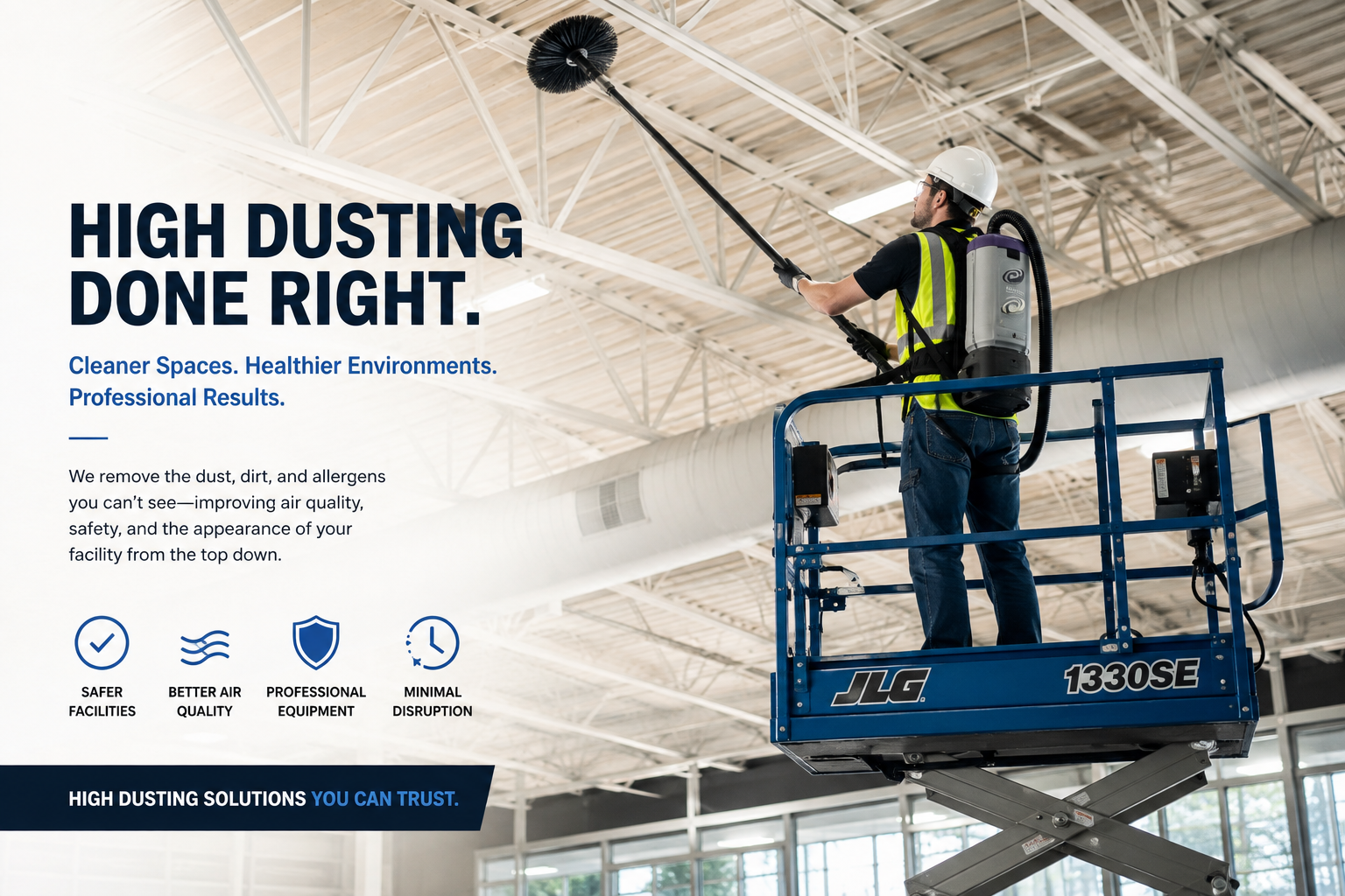 Graham Services high dusting graphic showing a technician cleaning an overhead commercial ceiling from a scissor lift.