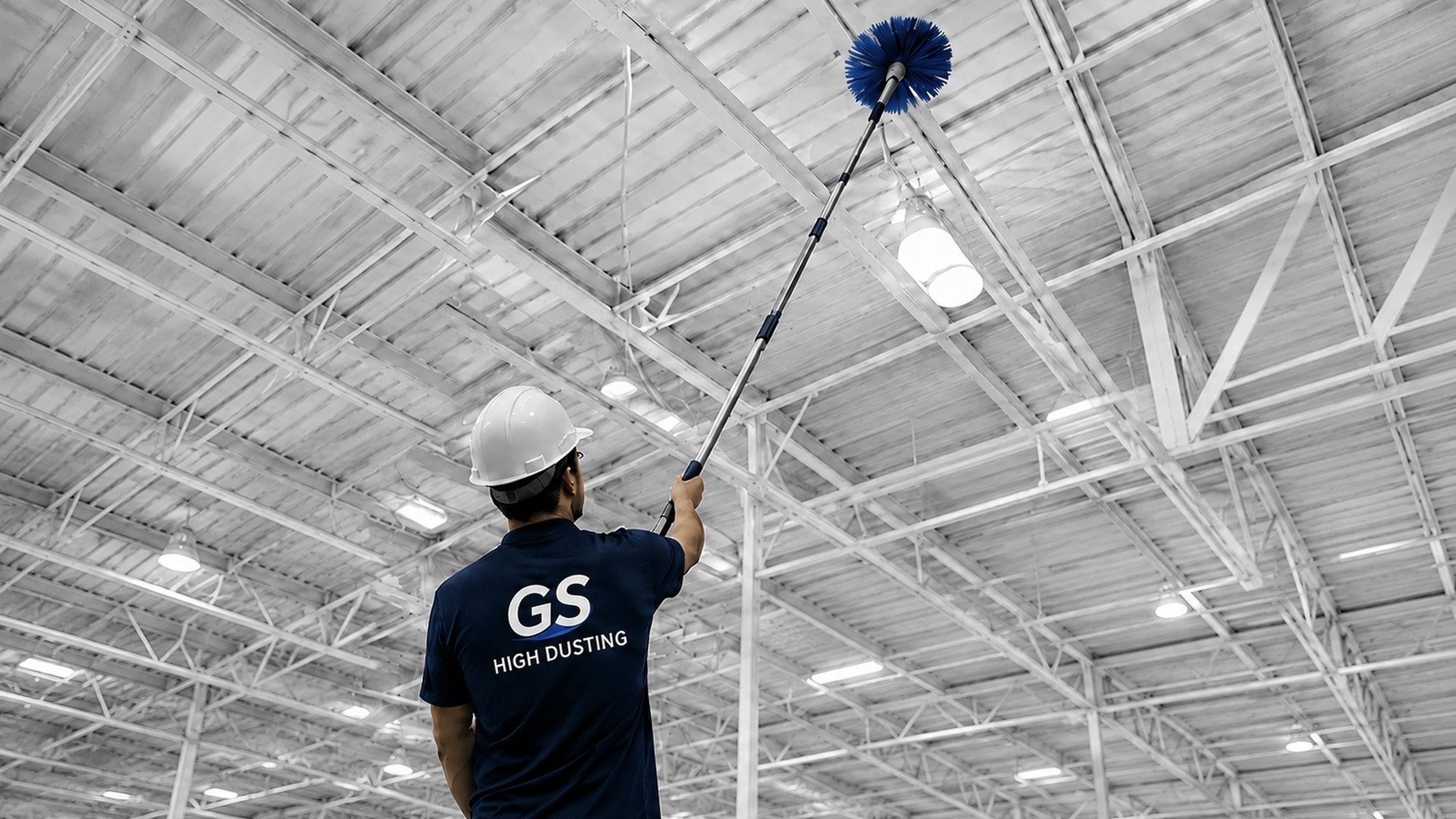 Graham Services technician performing commercial high dusting on an exposed facility ceiling.