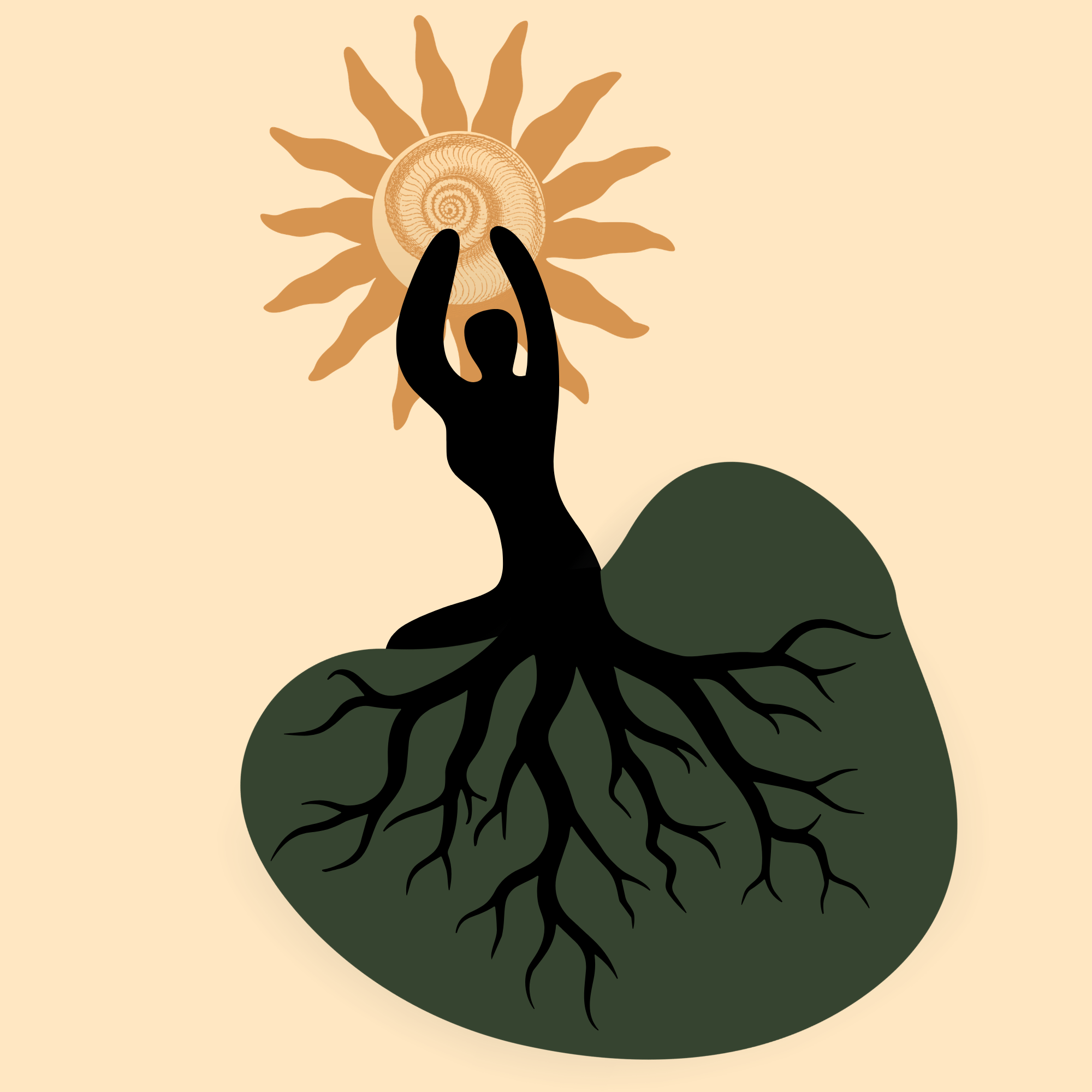 An illustration of a hand with a dark silhouette of a woman holding a seashell sun against a beige background. With tree branches coming down from the woman's body, representing connection of women between heaven and earth