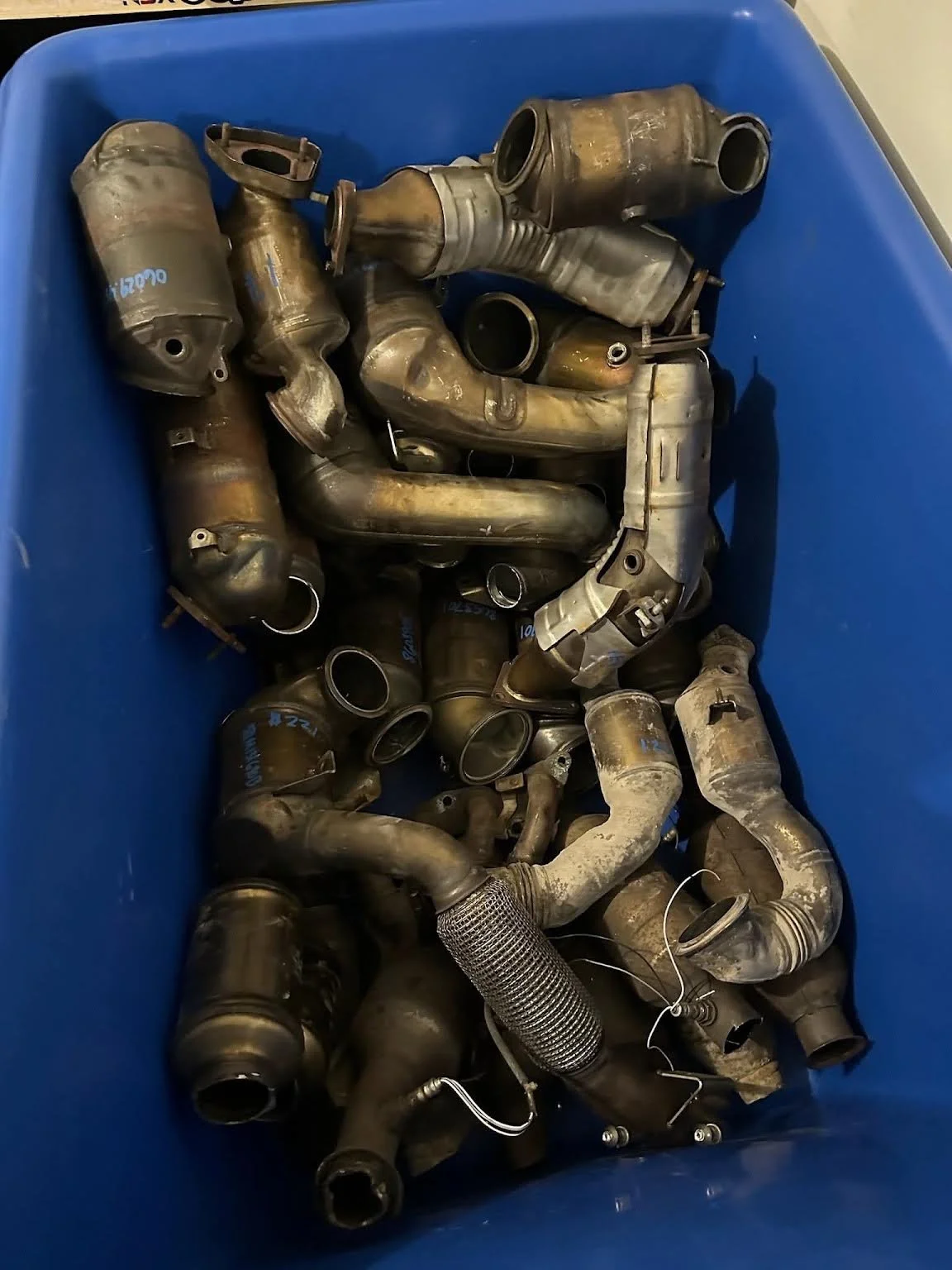 Catalytic converters collected for recycling at ScrapWorks Auto Core