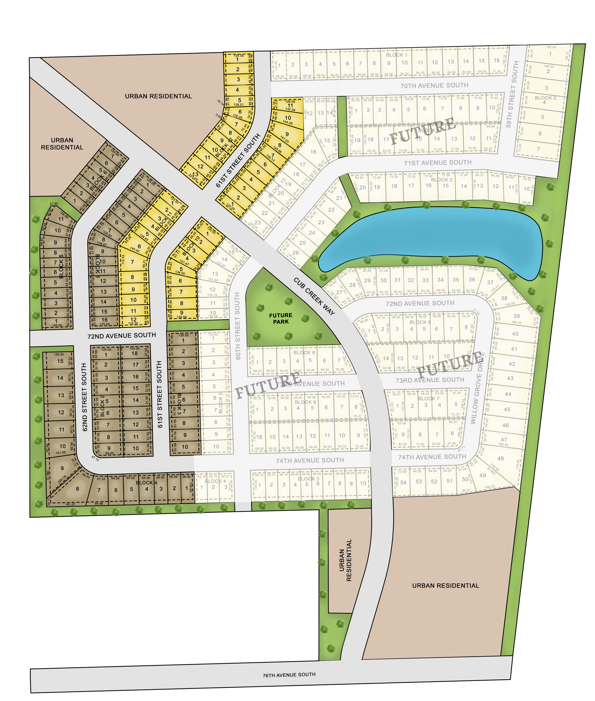 A detailed residential development map showing lot divisions, roads, green spaces, a pond, and designated urban residential and future park areas.