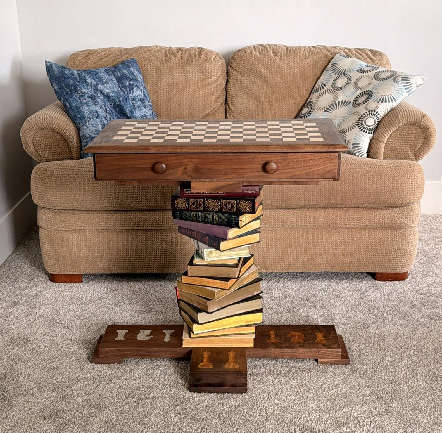 Four Person Chess table  with Book Pedestal and resin-inlaid footer. 