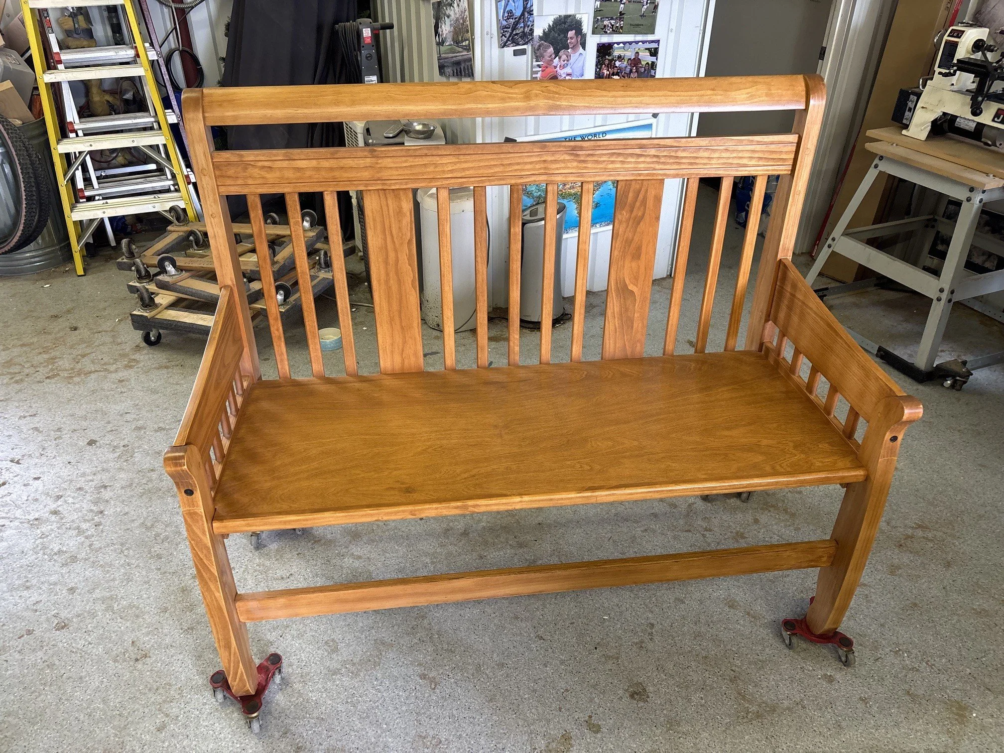 Old and new memories within a baby crib conversion to elderly park bench. 