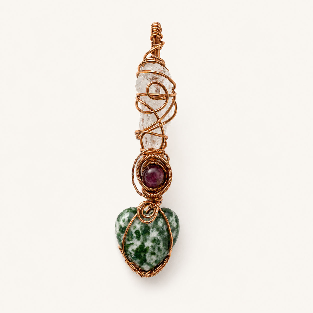 Handcrafted Copper Wire-Wrapped Tree Agate, Clear Quartz & Sunstone Pendant