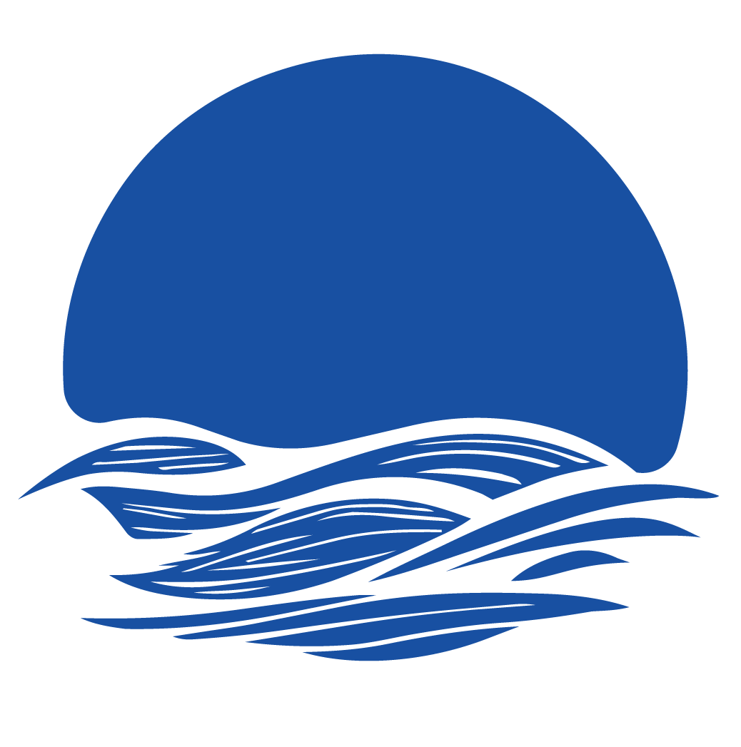 A stylized graphic of a blue sun setting or rising over blue water waves.