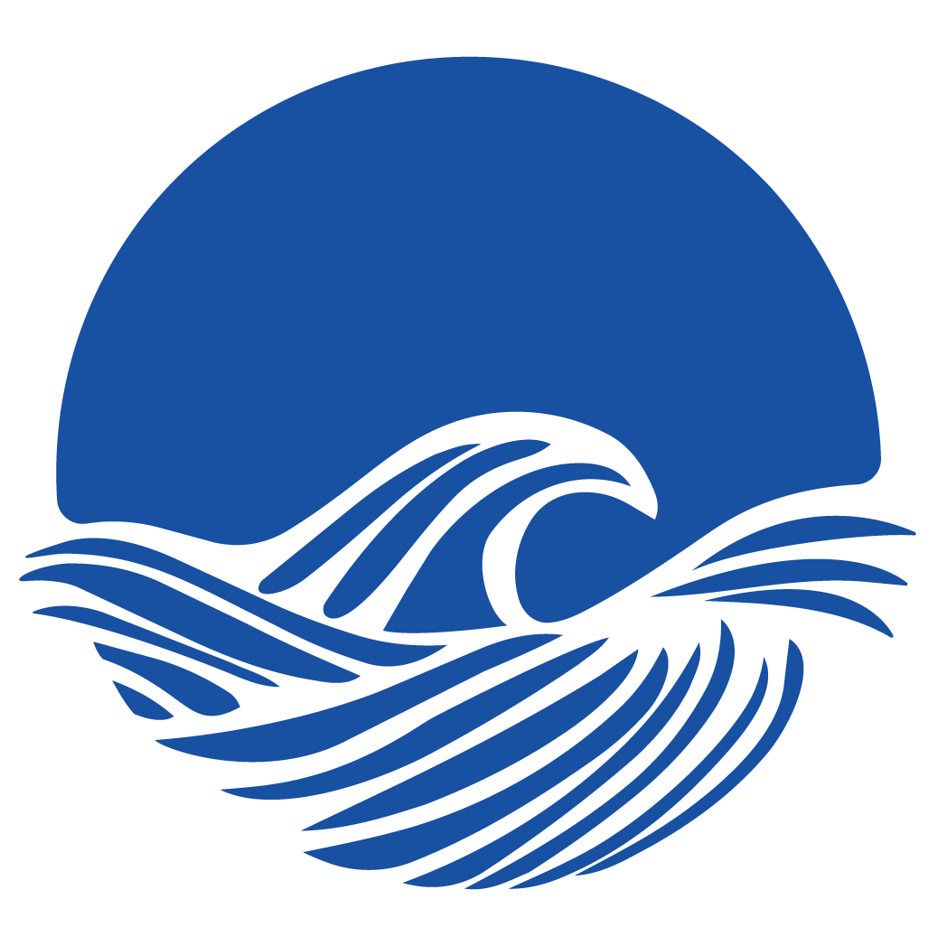 A stylized graphic of a wave within a circle, with a blue sun or moon in the background, featuring a black outline.