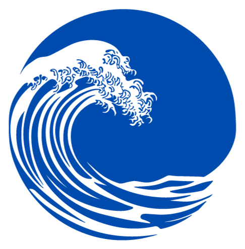 A stylized blue illustration of a large ocean wave resembling the iconic 'Great Wave off Kanagawa' art style.