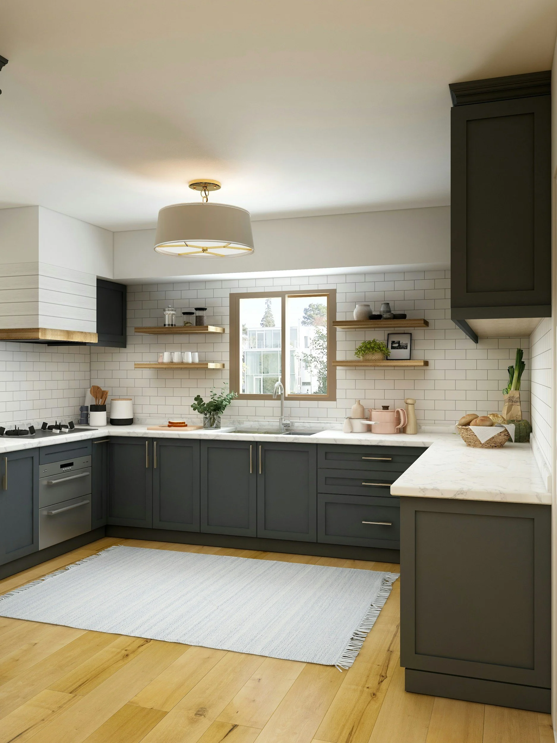 Modern kitchen with gray cabinets, white subway tile backsplash, wooden floating shelves, a window, and a white rugs on light wood flooring.