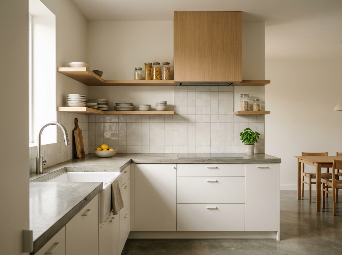 Minimalist kitchen with white cabinets, light wood shelves, a gray countertop, a bowl of lemons, a potted plant, and open dining area with wooden table and chairs.