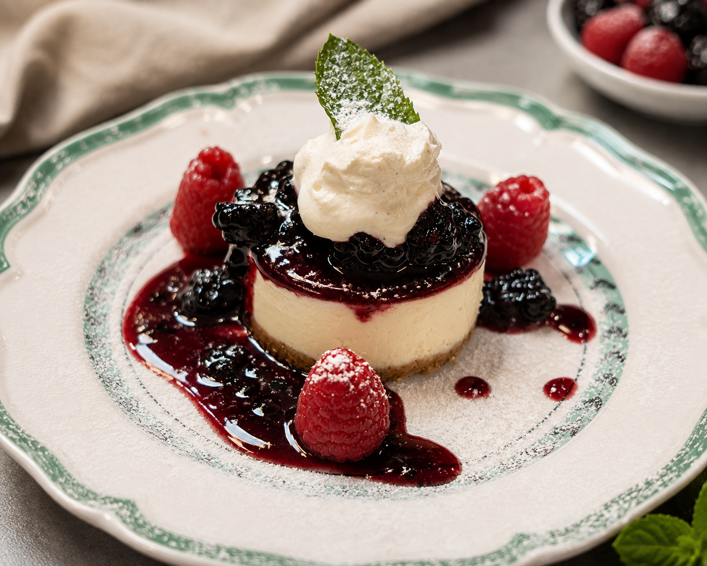 Cheesecake topped with mixed berries, whipped cream, and a mint leaf on a decorative plate.