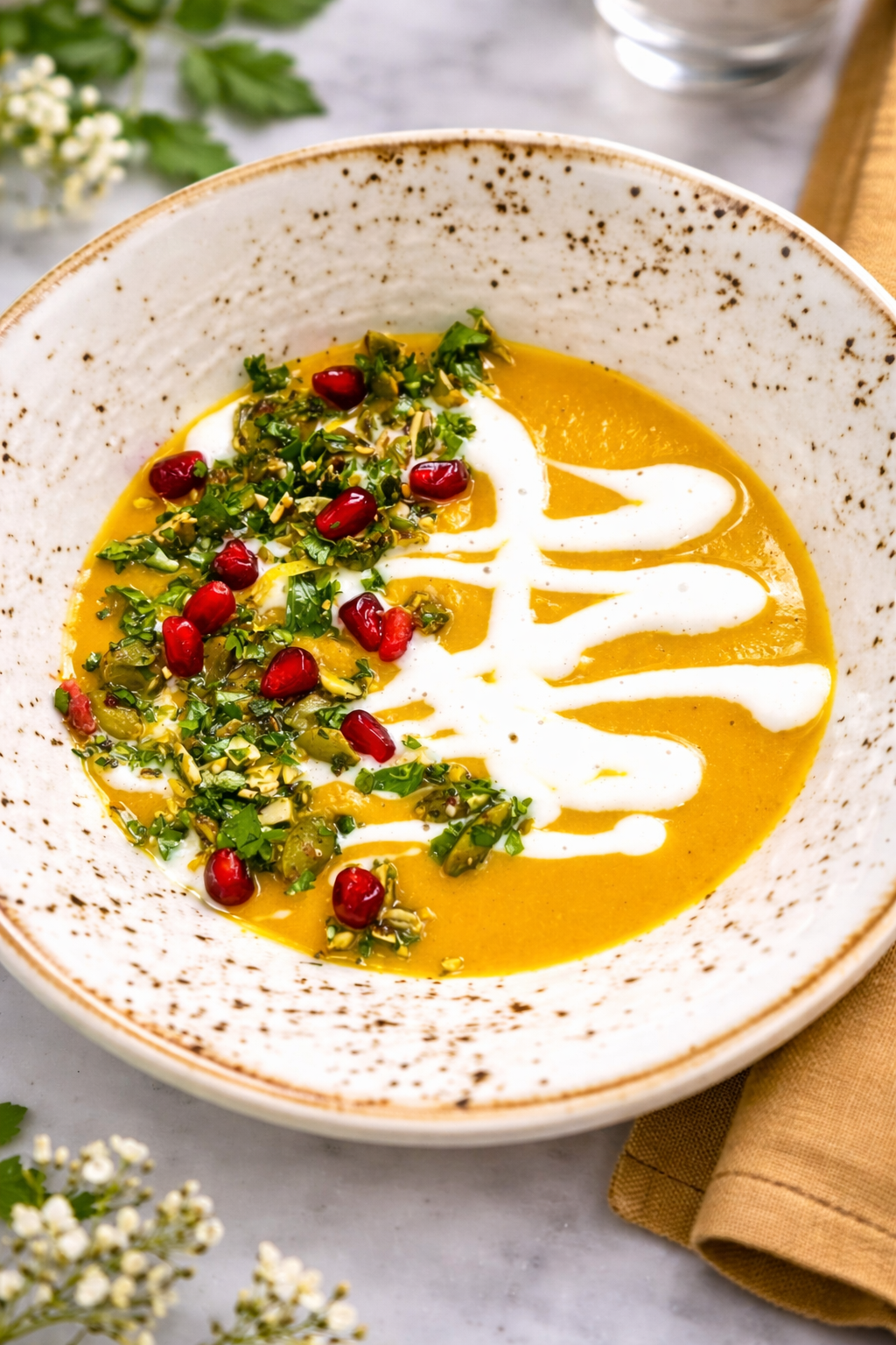 A bowl of pumpkin soup garnished with chopped herbs, pomegranate seeds, and a drizzle of cream.