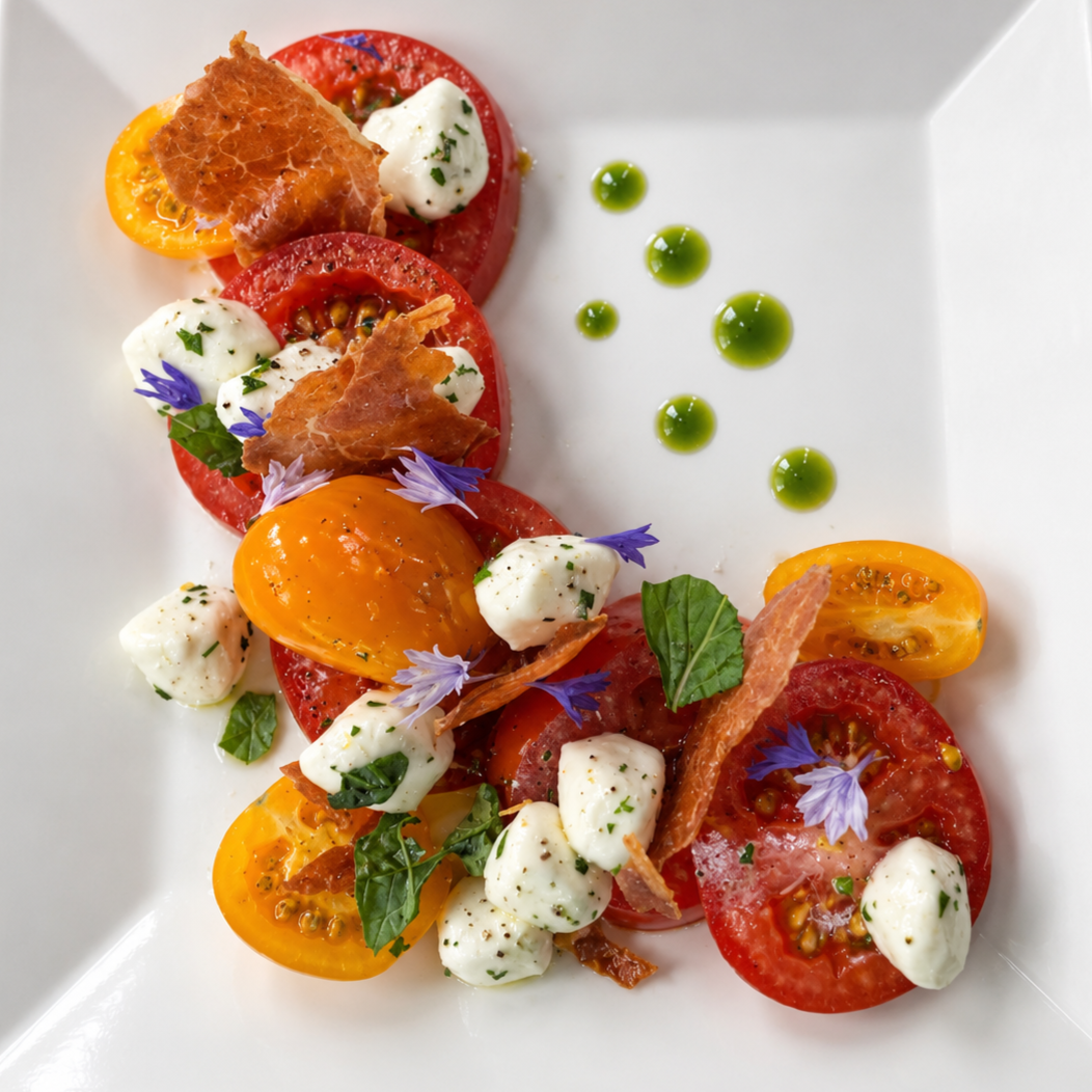 A plated tomato salad with red, yellow, and cherry tomatoes, fresh mozzarella balls, basil leaves, edible flowers, thin crispy bacon, and green sauce dots on a white plate.