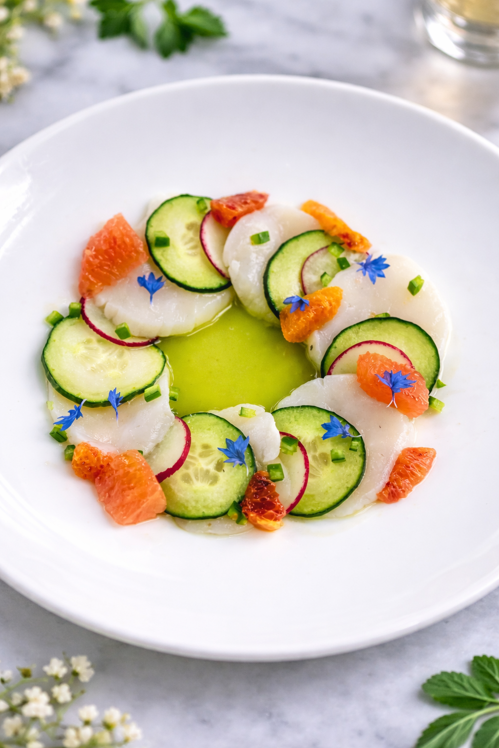A white plate of sliced vegetables including cucumber, radish, and grapefruit, garnished with small blue flowers and chopped green herbs, with olive oil drizzled around the vegetables.