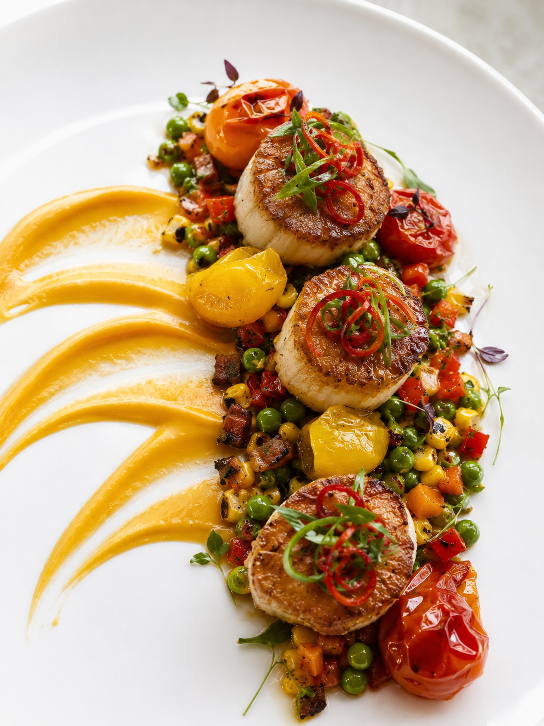 Seared scallops served with a colorful vegetable medley of cherry tomatoes, peas, corn, and diced peppers, garnished with microgreens, and drizzled with a yellow sauce on a white plate.