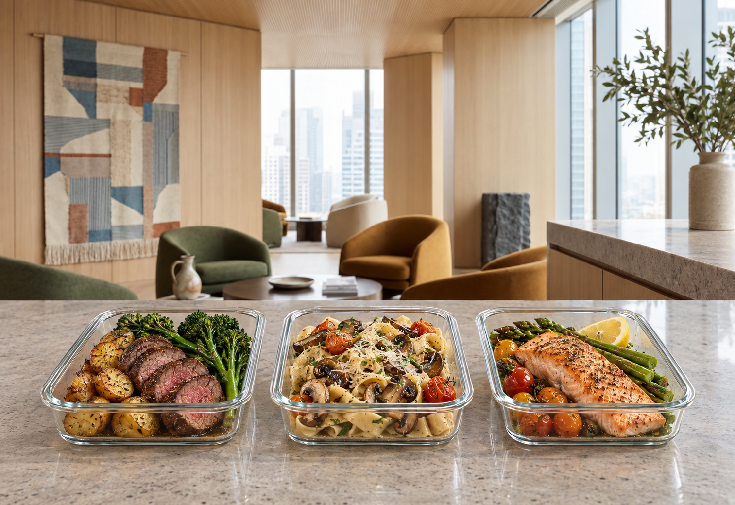 Chef-prepared steak, wild mushroom pasta, and salmon meals in glass containers on an elegant home kitchen countertop