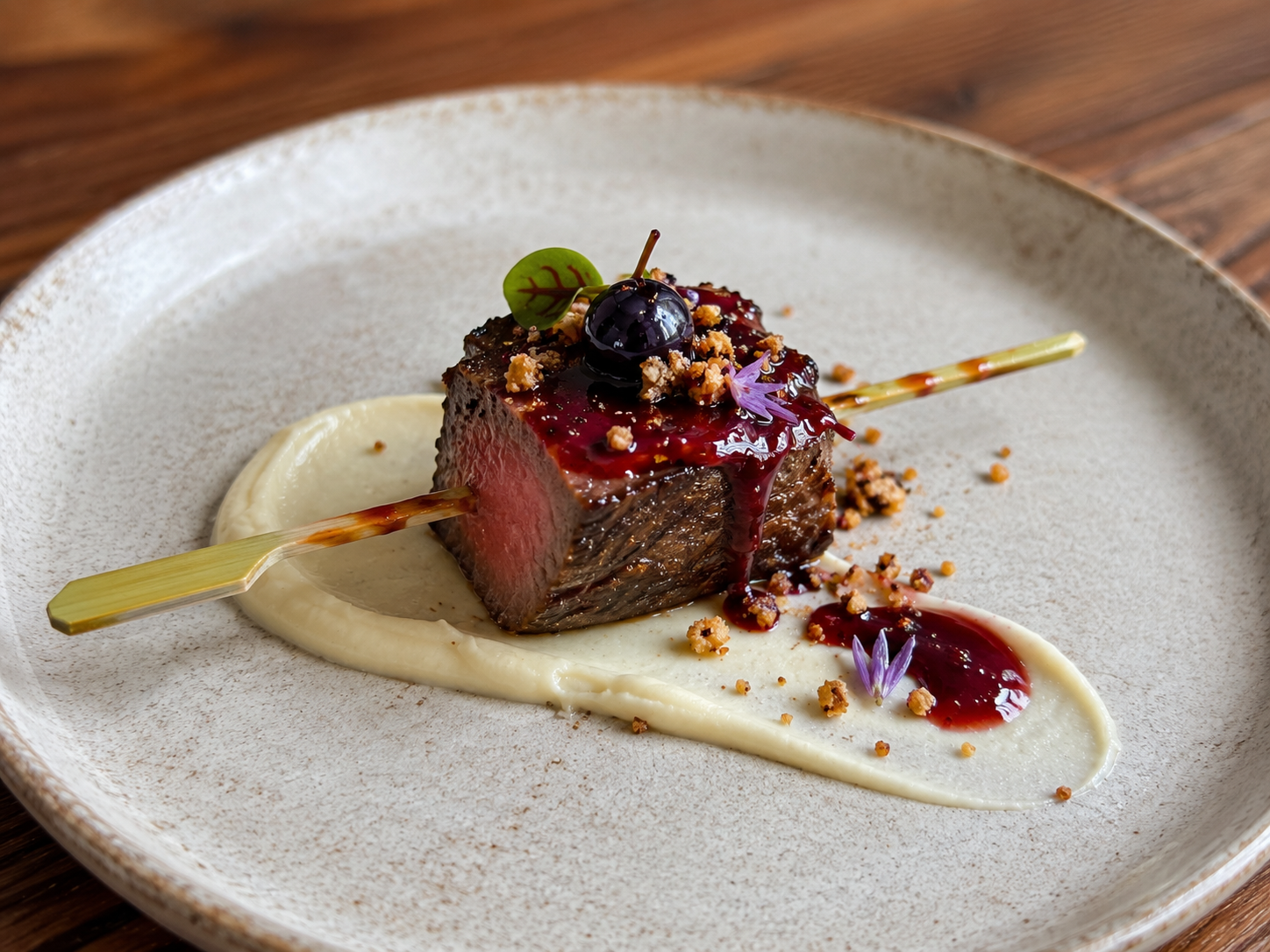 A plated gourmet dish featuring a sliced, crusted steak topped with berry sauce, garnished with microgreens and edible flowers, served over a smear of creamy white sauce on a round beige plate.