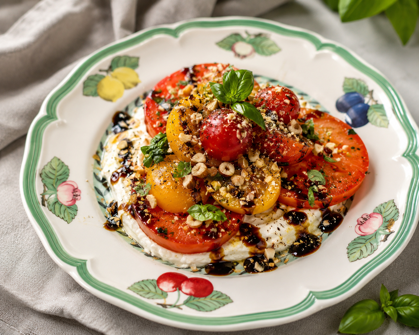 Caprese salad with heirloom tomatoes, fresh basil, chopped nuts, balsamic glaze, and black pepper on a floral ceramic plate.
