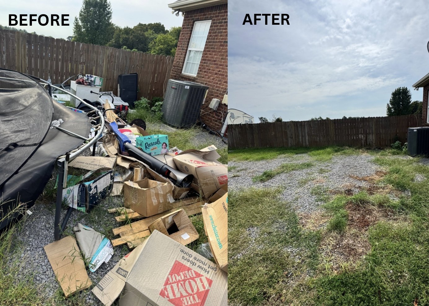 Comparison of a messy backyard filled with clutter and debris on the left, and a clean, cleared yard with grass and gravel on the right.
