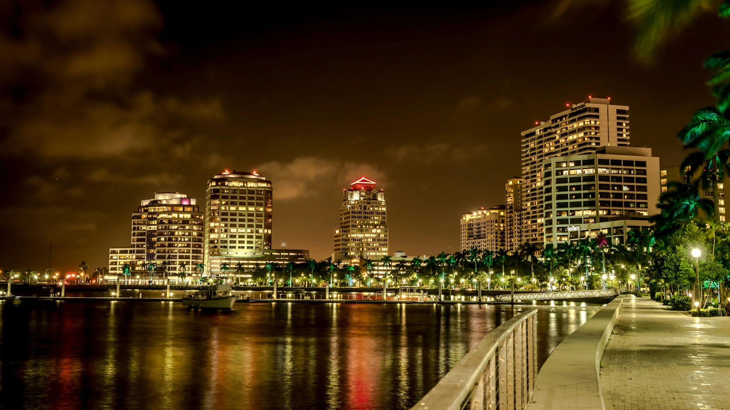 Nighttime view of a city skyline with high-rise buildings illuminated, palm trees lit with colorful lights, and a waterfront with calm water reflecting the city lights.