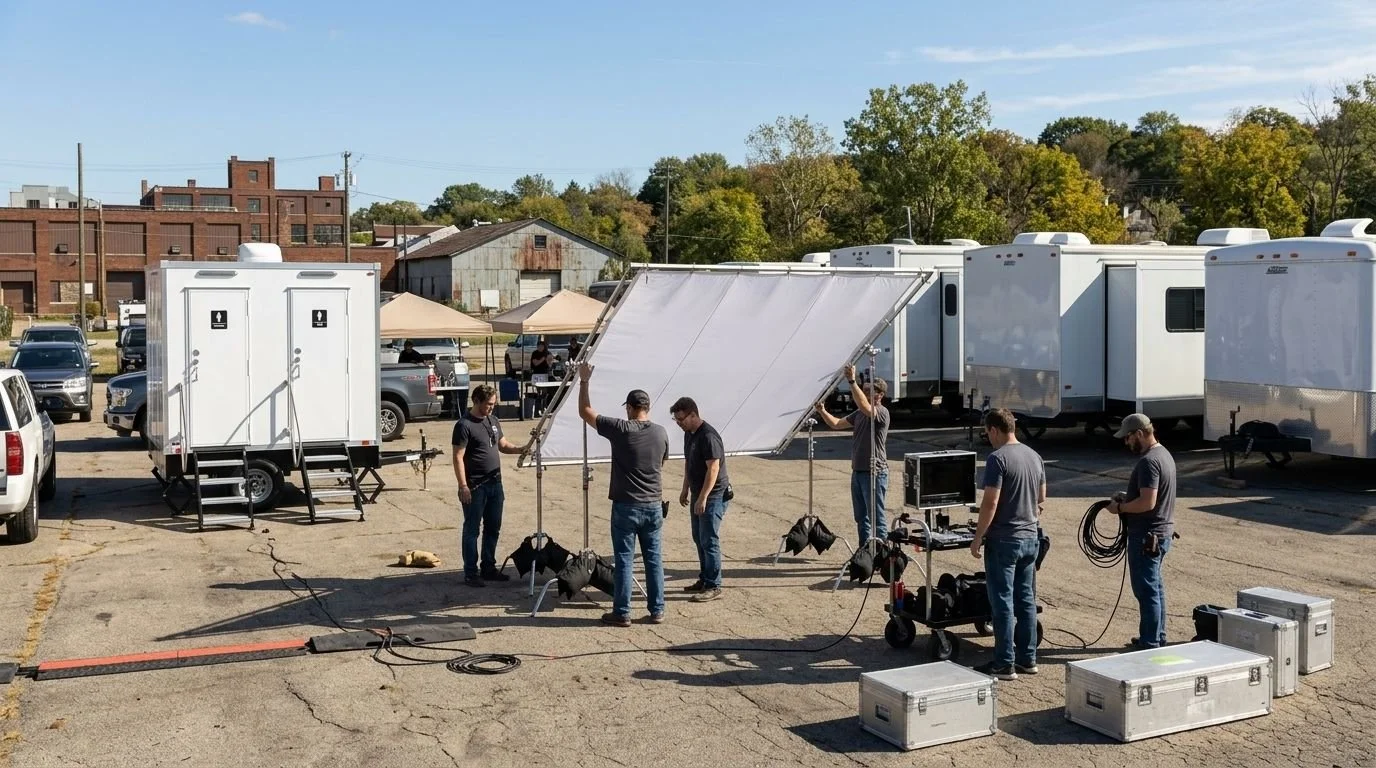Film crew setting up a sunshade on an outdoor parking lot while preparing for a shoot, with trailers and equipment around.