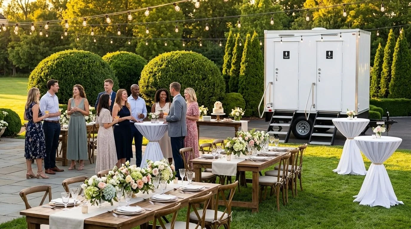 A group of people socializing at an outdoor wedding reception, with decorated tables, floral arrangements, and a portable restroom in the background, during the evening with string lights overhead.