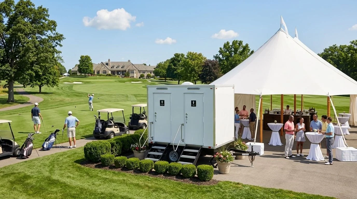 A golf course with golfers playing and a large white tent set up for an outdoor event, with people socializing under the tent and golf carts parked nearby.