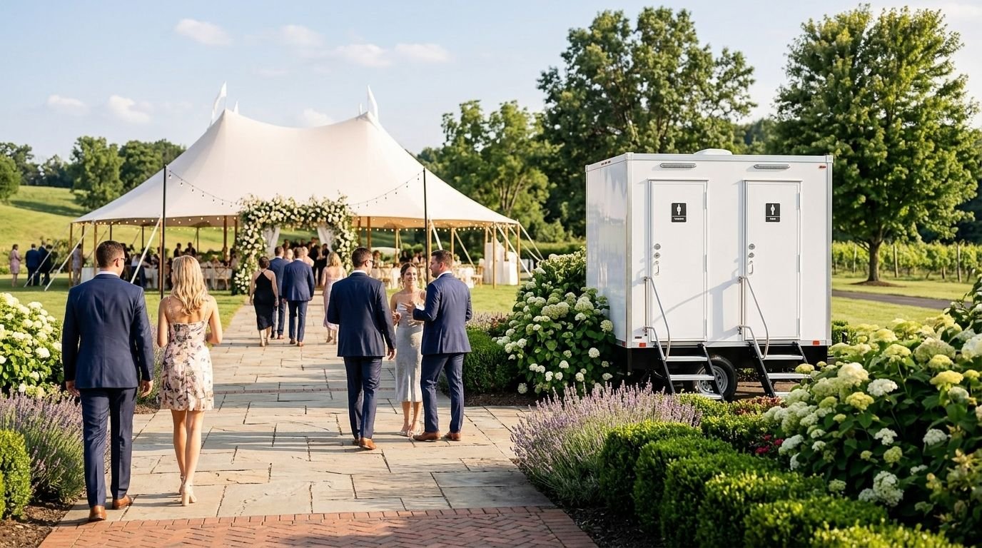 Outdoor wedding reception area with a white tent decorated with flowers, people dressed in formal attire walking and socializing, and a portable restroom trailer, with greenery and trees in the background.