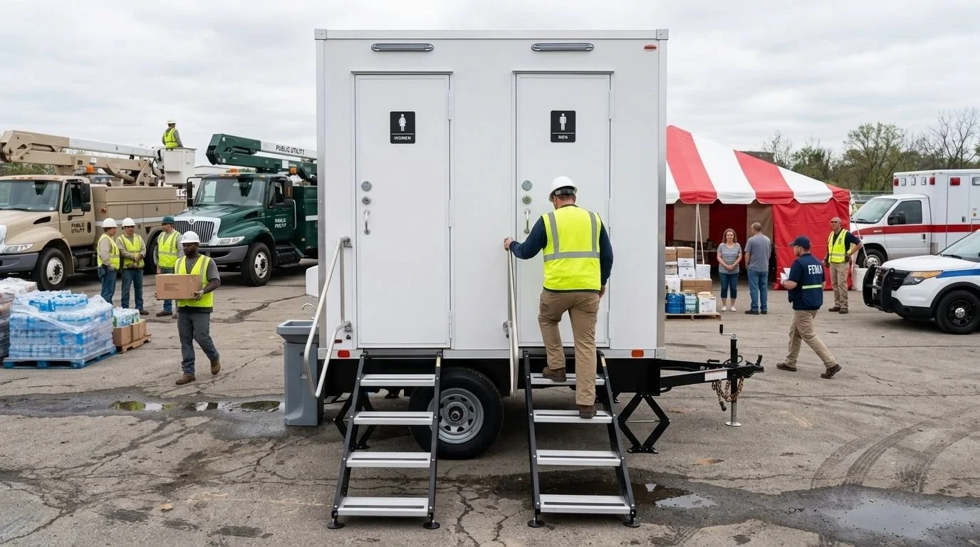 A mobile bathroom trailer at an outdoor emergency event, with people walking around, some in safety vests and helmets, and a red and white tent in the background.