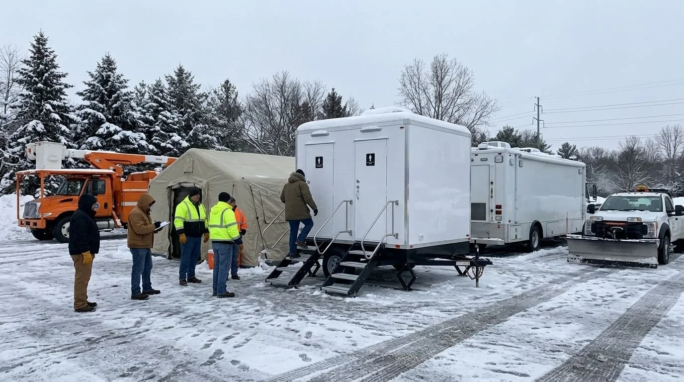 Group of people in winter gear gathered outside a mobile testing or command unit on snow-covered ground, with a utility truck and service vehicle in the background.