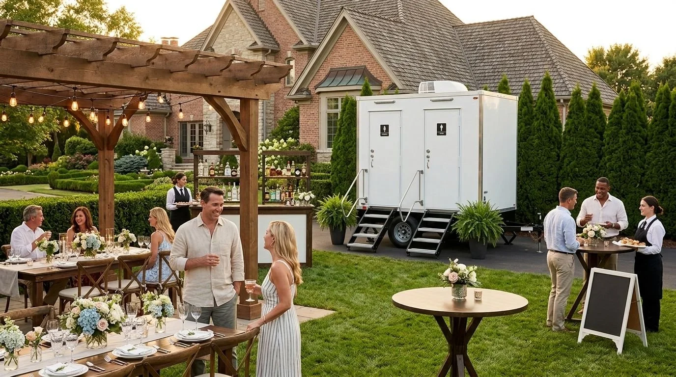 Guests enjoying a backyard outdoor event with tables, flowers, a bar, and a mobile restroom trailer at sunset.