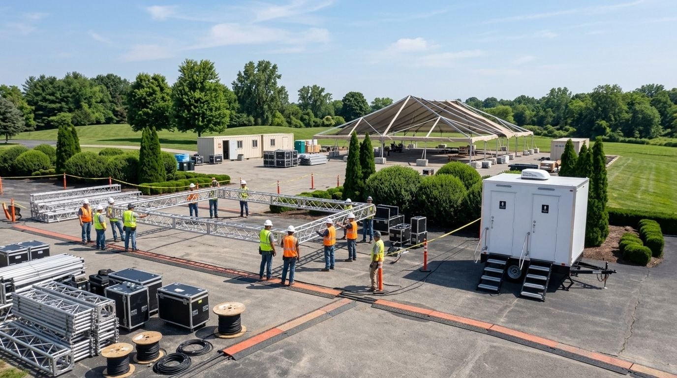 Workers assembling stage trusses in an outdoor event space with a large open pavilion and lush green trees and grass in the background.