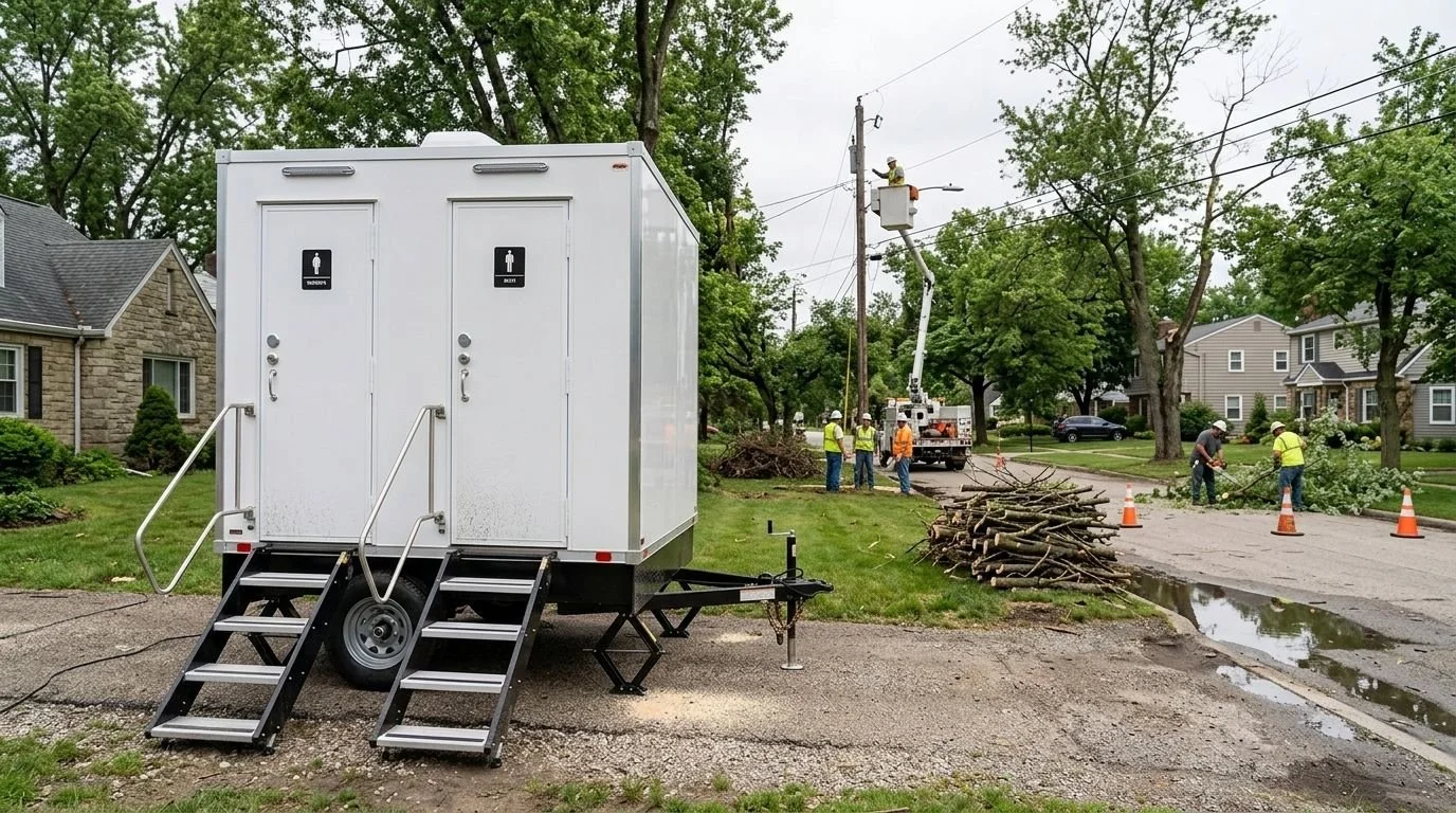 A portable restroom trailer is parked on the side of a street under trees. In the background, utility workers are repairing power lines from a bucket lift and bending over to work on the street, which is blocked off with orange cones. There are also 