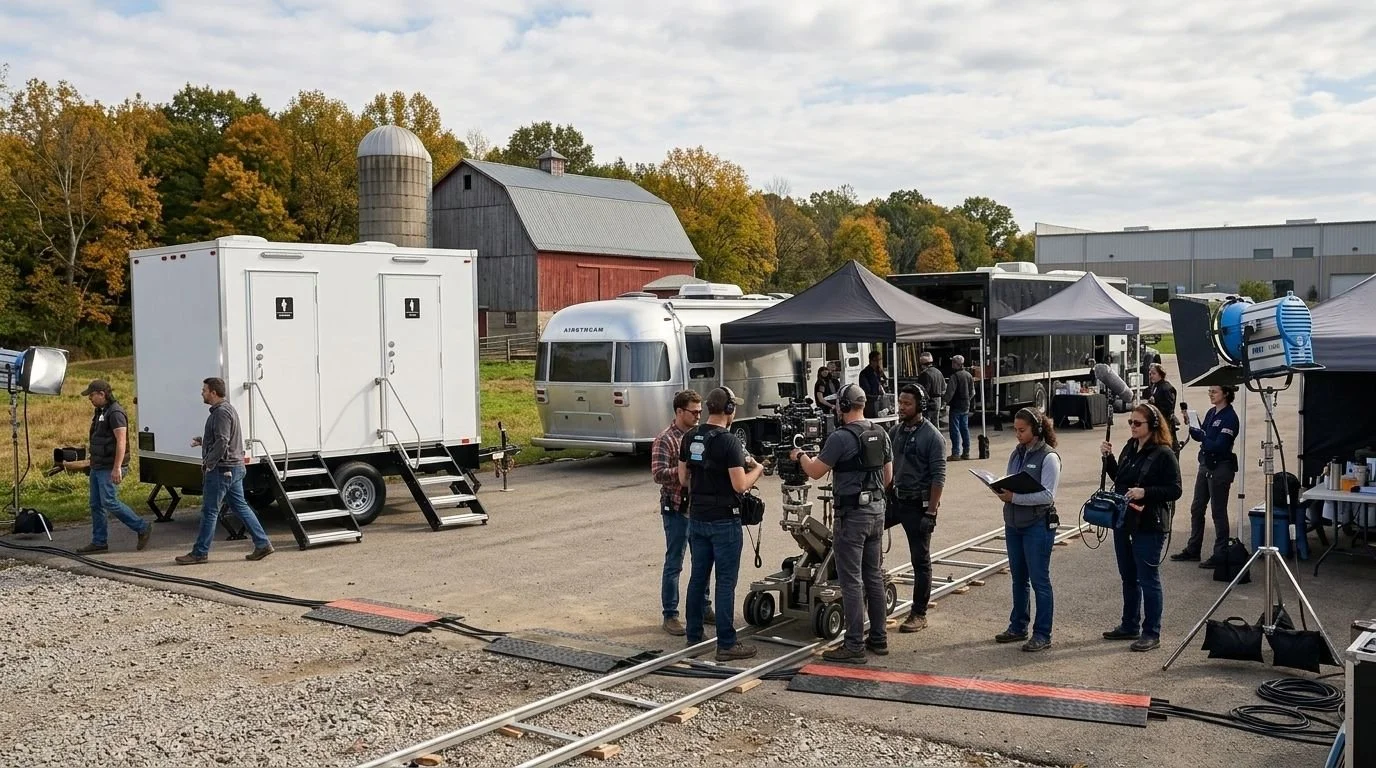 Film crew on set with cameras, lighting, and equipment outdoors, with a vintage trailer, a barn, and autumn trees in the background.