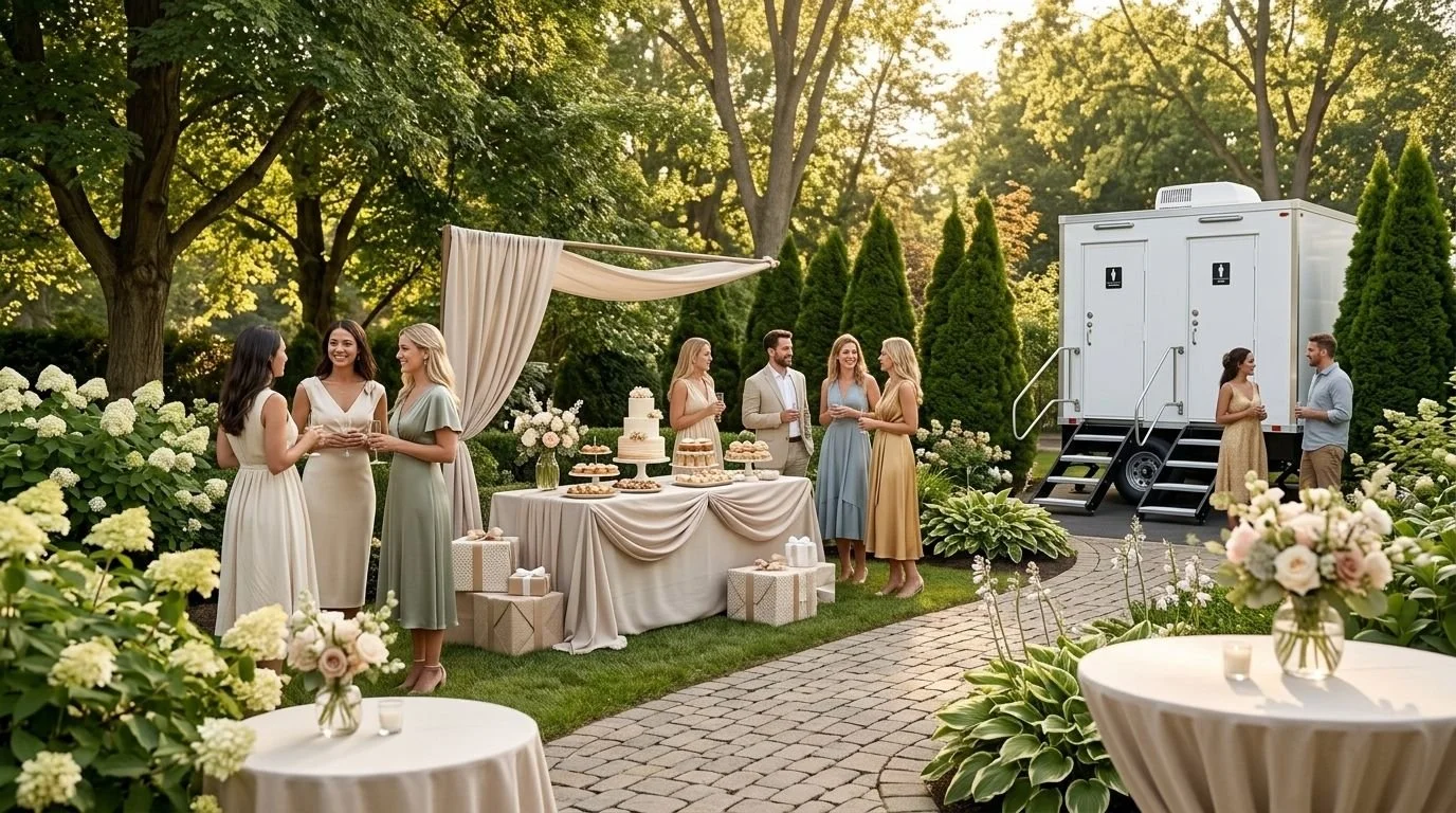 A group of women and men are socializing at an outdoor celebration, likely a wedding or garden party, in a lush garden with tall trees and greenery. There are decorated tables with flowers, cakes, and gifts, and a portable restroom trailer in the bac