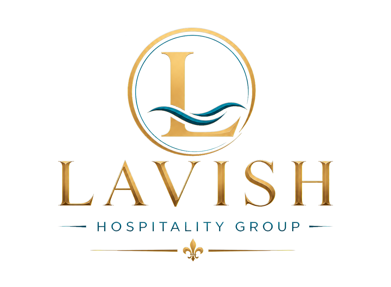 Logo for Lavish Hospitality Group with a gold and blue emblem featuring a wave and large letter L, and the words 'LAVISH' in gold and 'HOSPITALITY GROUP' in smaller blue letters underneath.