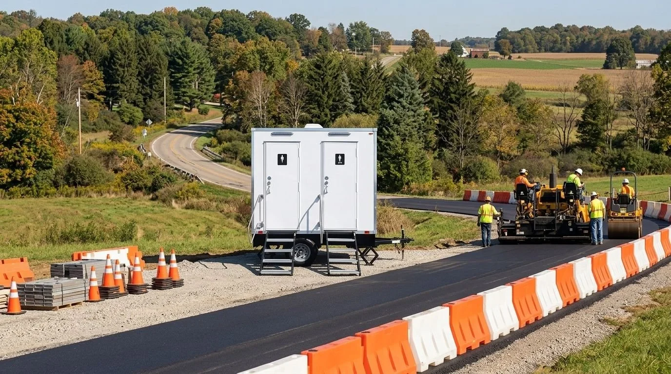 Road construction workers paving a rural road with an asphalt roller compactor. Orange and white safety barriers line the edge of the construction zone, and traffic cones are stacked nearby. A portable restroom is also present near the workers, with 