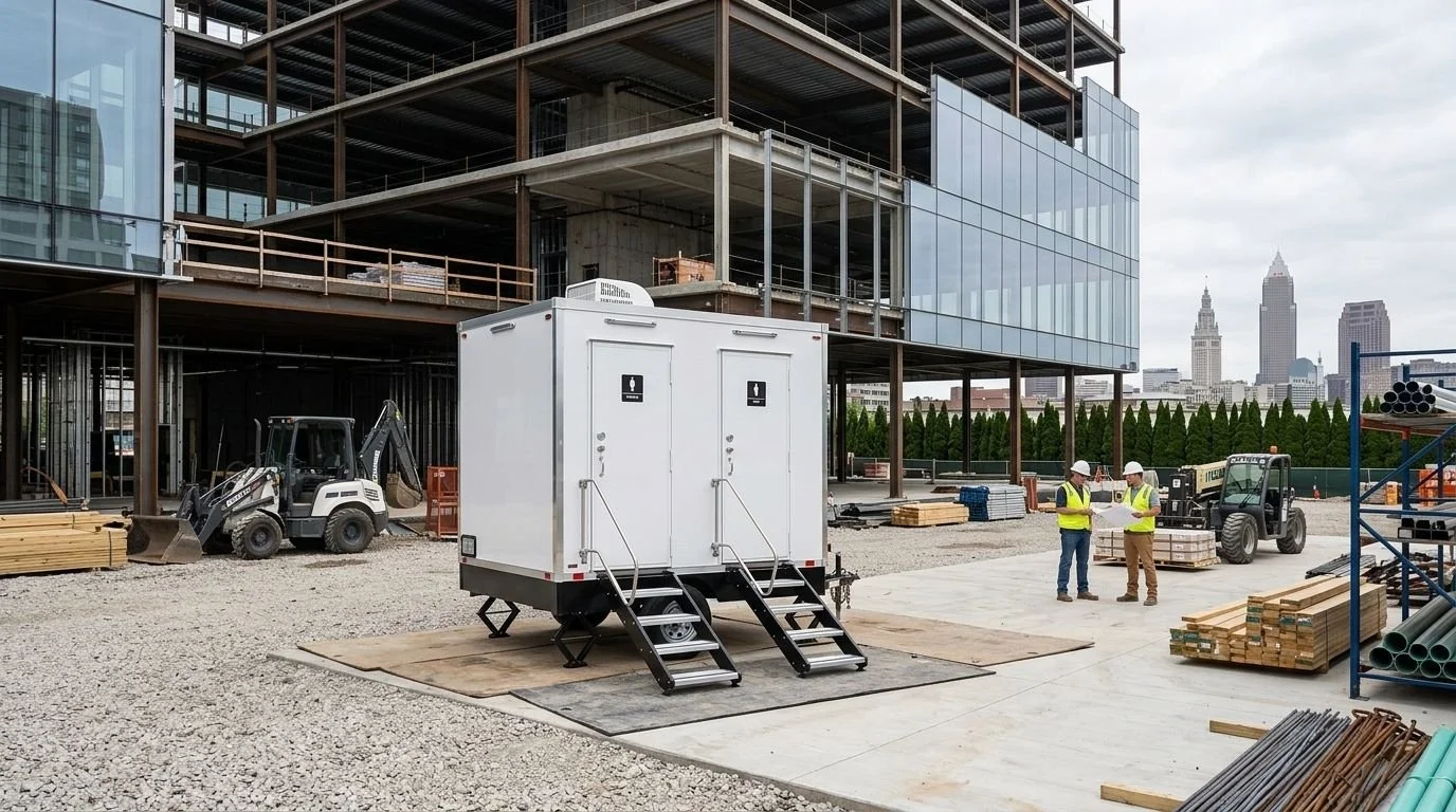 Construction site with two workers in safety gear discussing plans, portable toilet, construction equipment, building framework, and city skyline in the background.