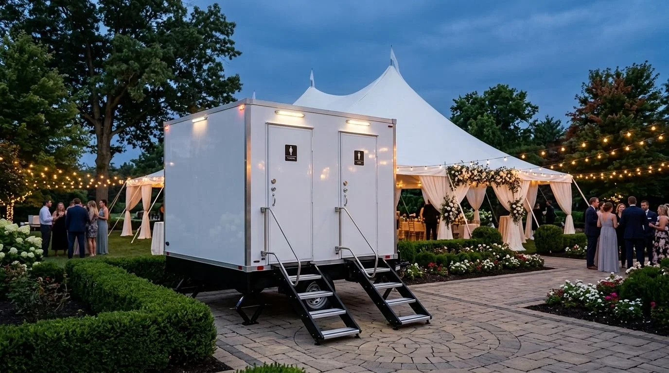An outdoor wedding reception under a large white tent with string lights and floral arrangements. A group of people are mingling on a paved patio surrounded by greenery and flowers.
