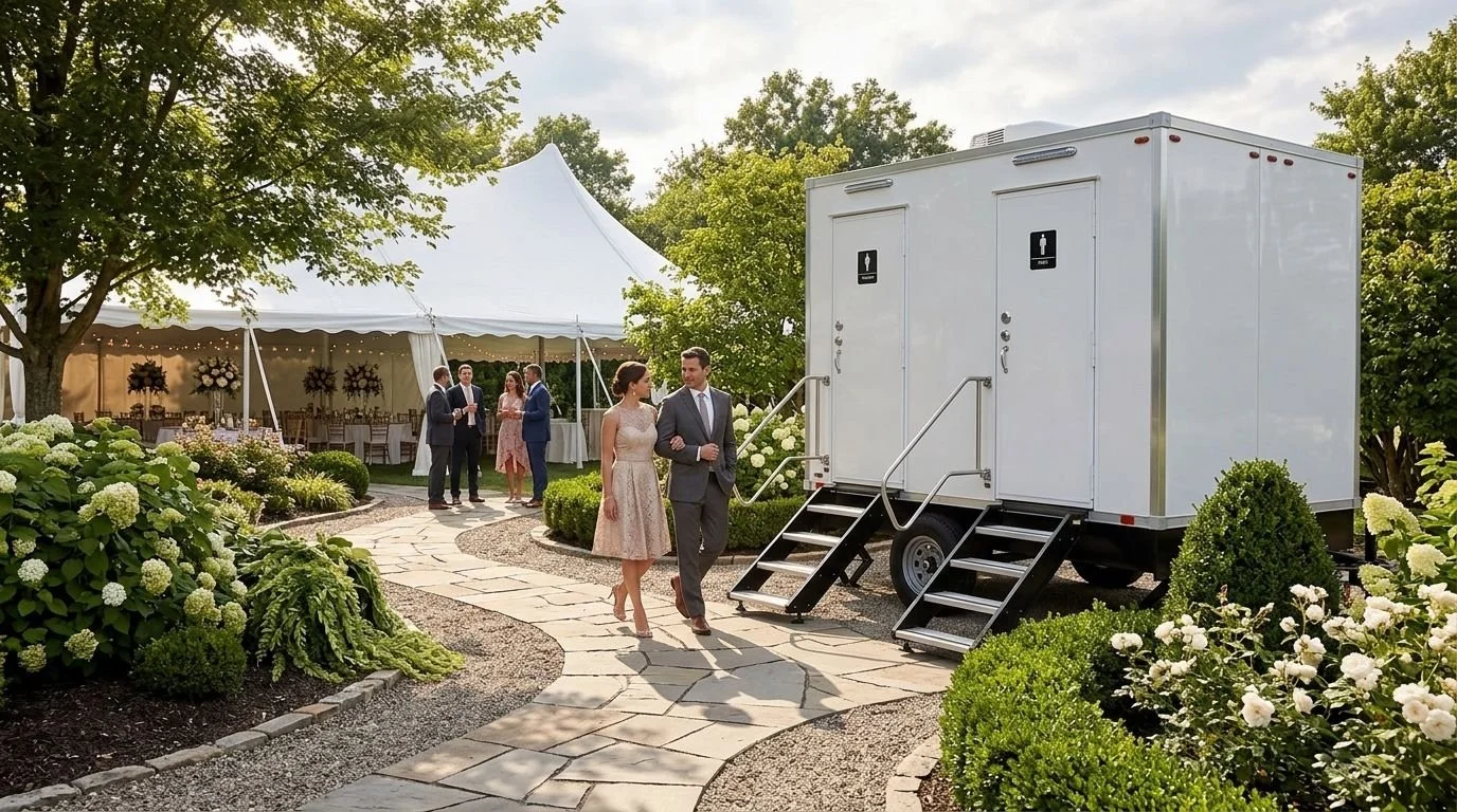 People attending an outdoor wedding reception near a portable restroom trailer, with a white tent and lush greenery.