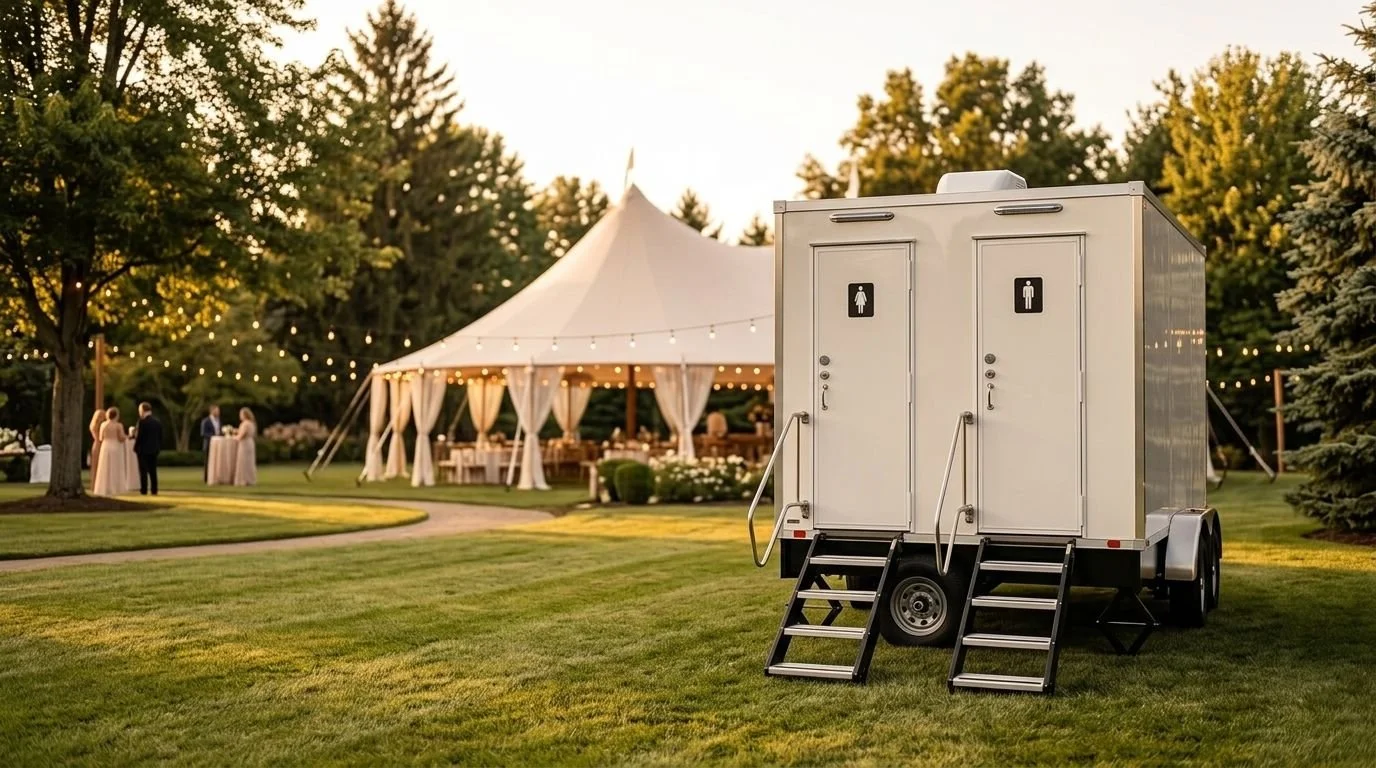 Portable restroom trailer at outdoor event with a large white tent, string lights, and people dressed in formal attire in the background.