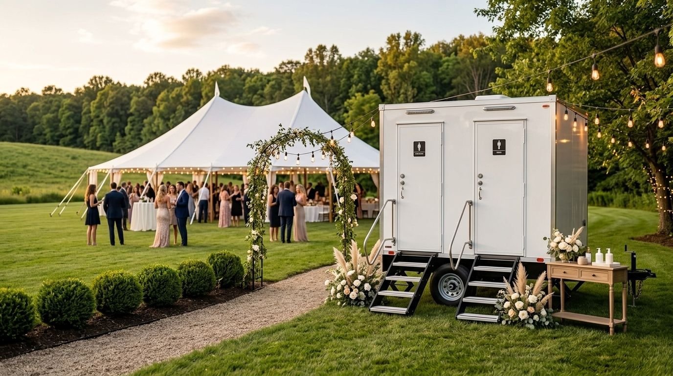 Outdoor wedding reception under a large white tent with guests mingling, decorated with string lights, next to a portable restroom trailer with floral arrangements, on a grassy field with trees in the background during sunset.