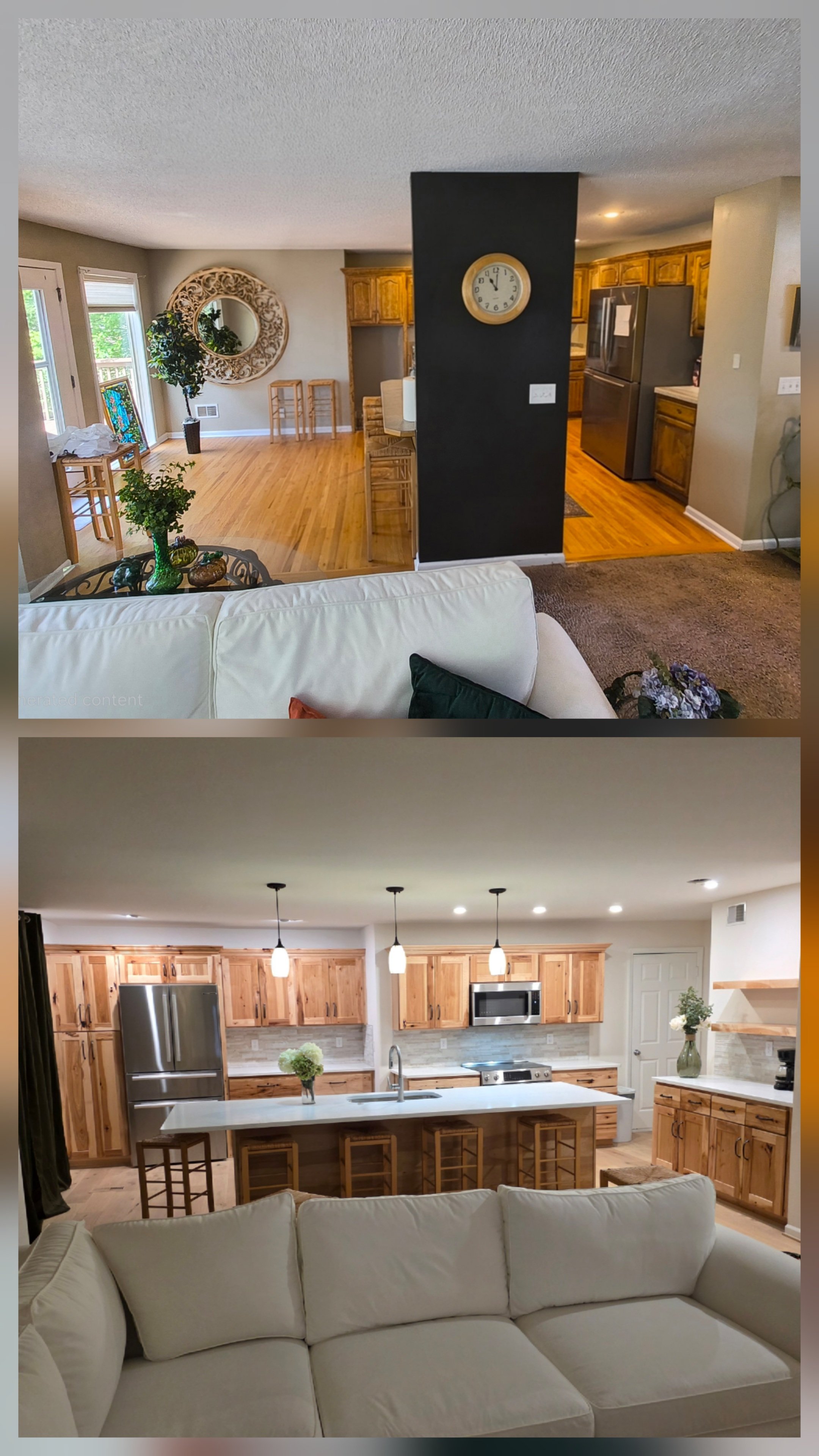 Comparison of two interiors: the upper image shows a living area with wooden flooring, a black accent wall with a clock, and a kitchen with wooden cabinets; the lower image shows a modern kitchen with wooden cabinets, stainless steel appliances, and a white island with bar stools.
