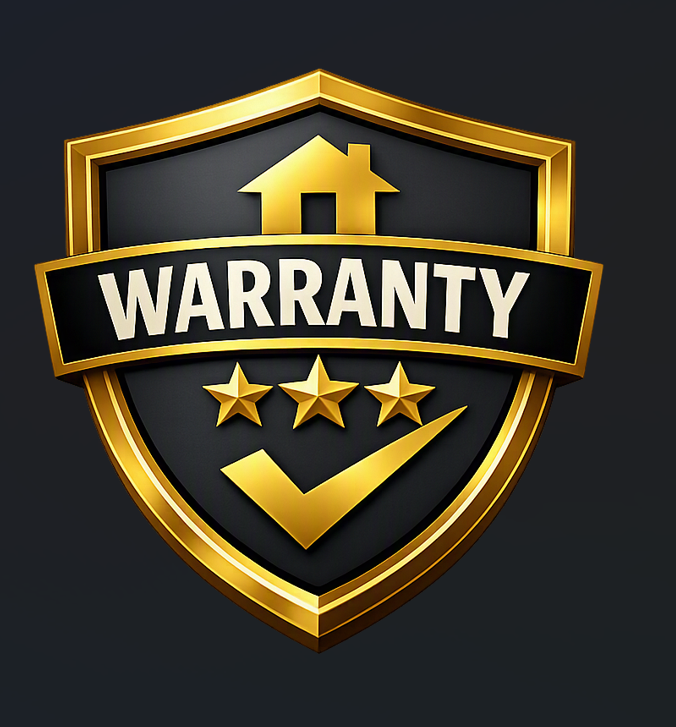 Gold and black warranty badge with a house icon, three stars, and a check mark.